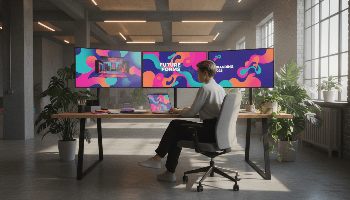 Creative designer collaborating on digital design projects with vibrant brand mockups