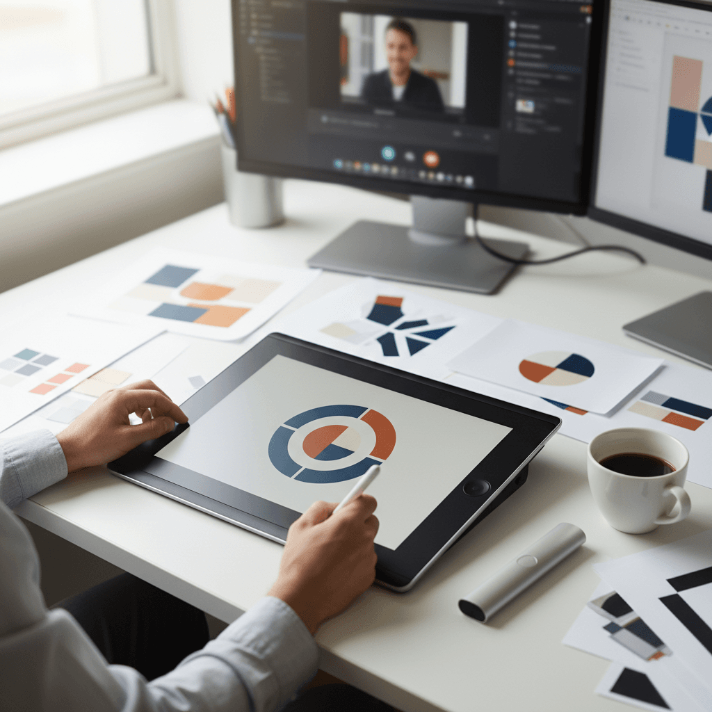 Designer working on logo and branding concepts on a tablet with creative materials nearby