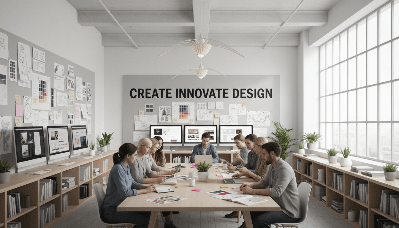 Designer and client collaborating on branding project at a modern creative workspace