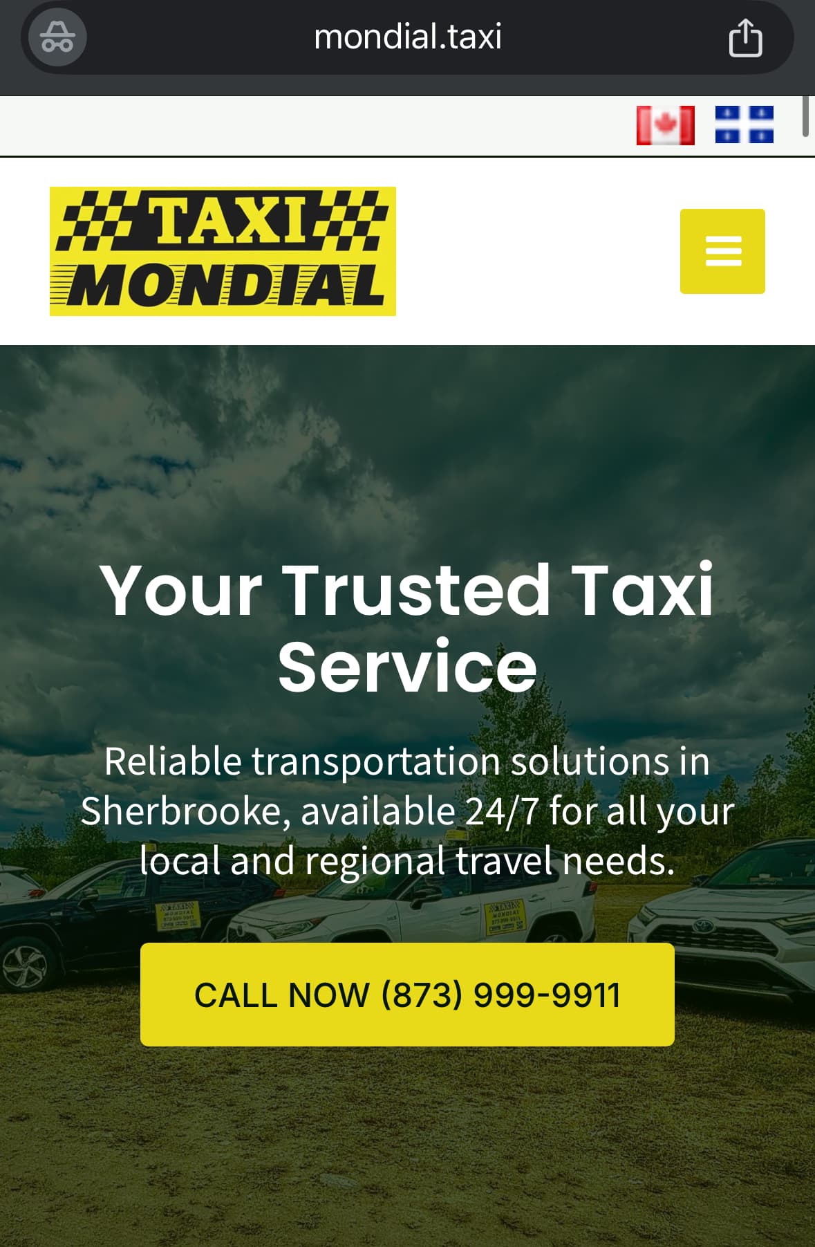 Taxi Mondial homepage for Sherbrooke taxi services featuring a call button and fleet of cars.