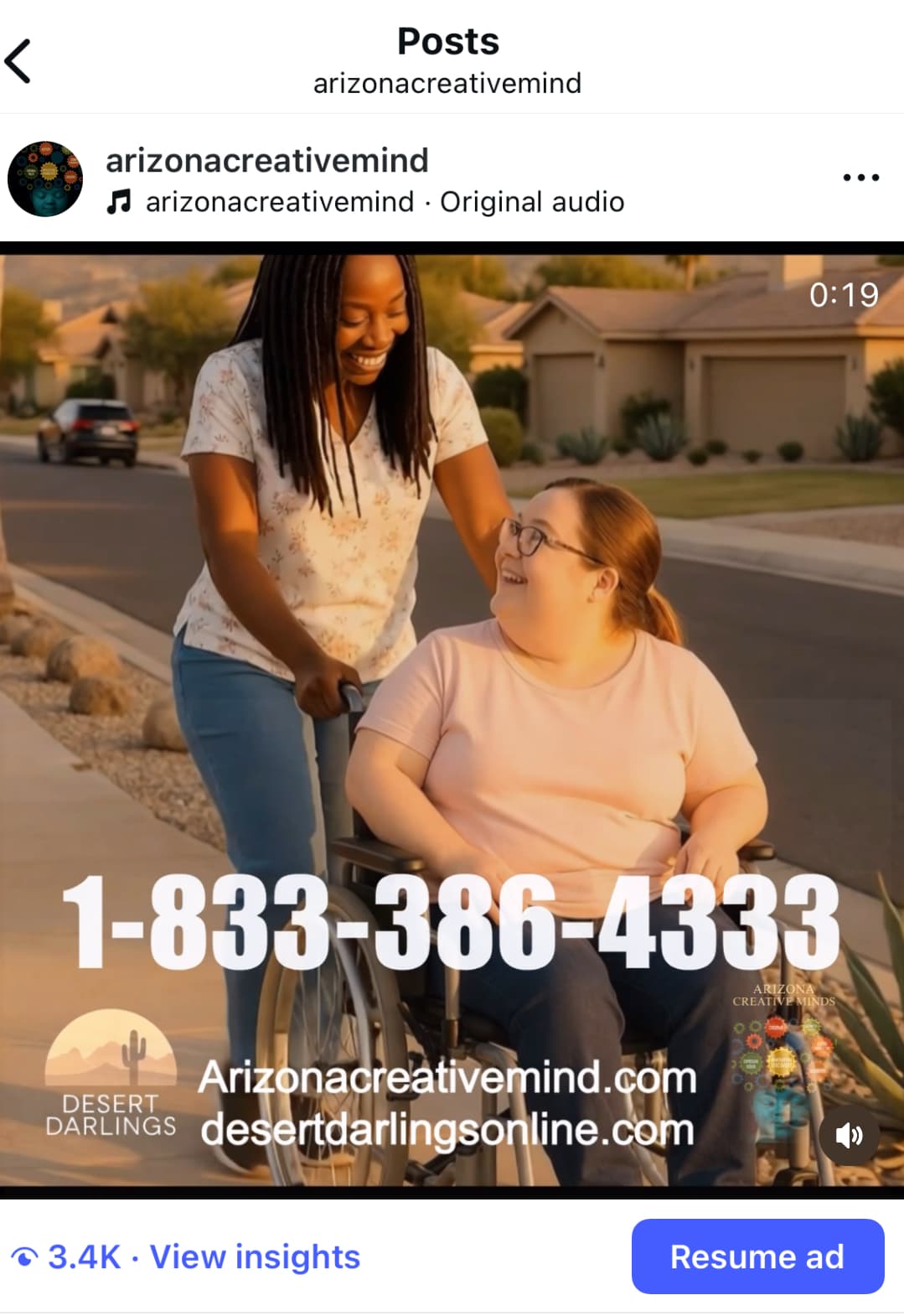 Smiling woman pushes a woman in a wheelchair outdoors, with contact information for care services.